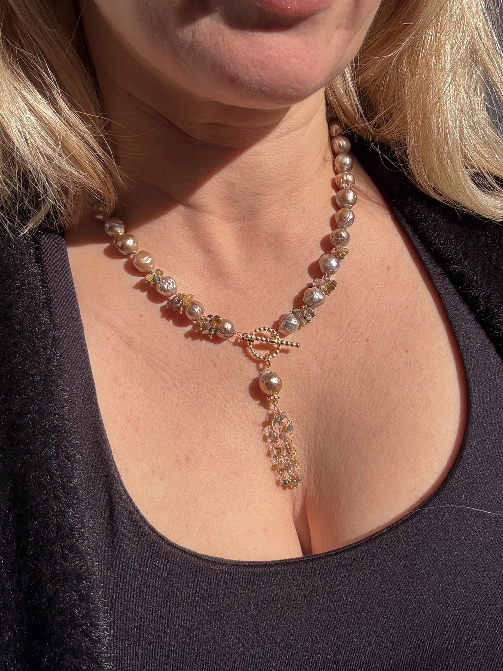 Lavender Blush Edison Baroque Pearl Necklace – Multicolored Tourmaline Tassel — 18"