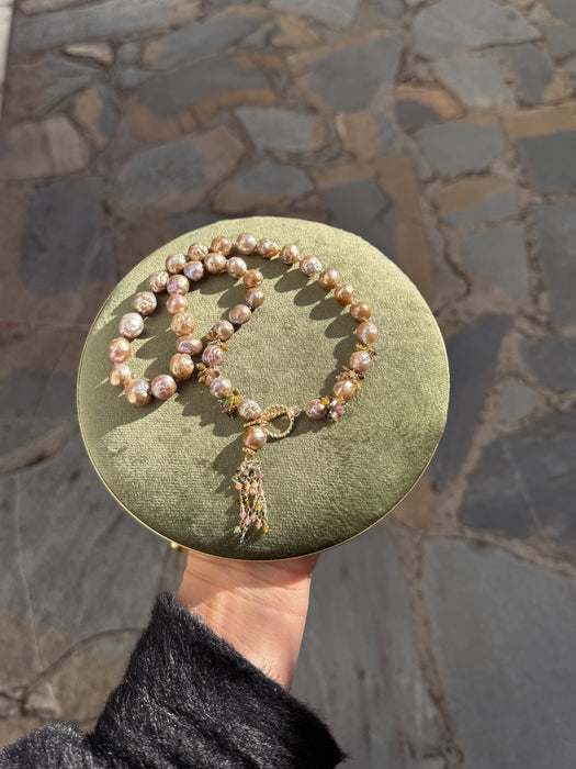Edison Baroque Pearl Necklace with Tourmaline Tassel – Lavender Blush Pearls, Statement Gemstone Jewelry
