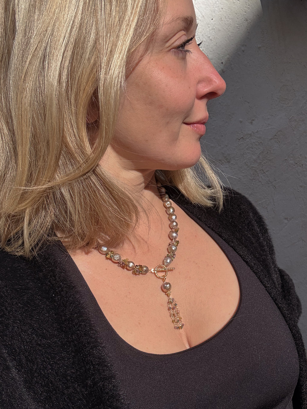 Lavender Blush Edison Baroque Pearl Necklace – Multicolored Tourmaline Tassel — 18"