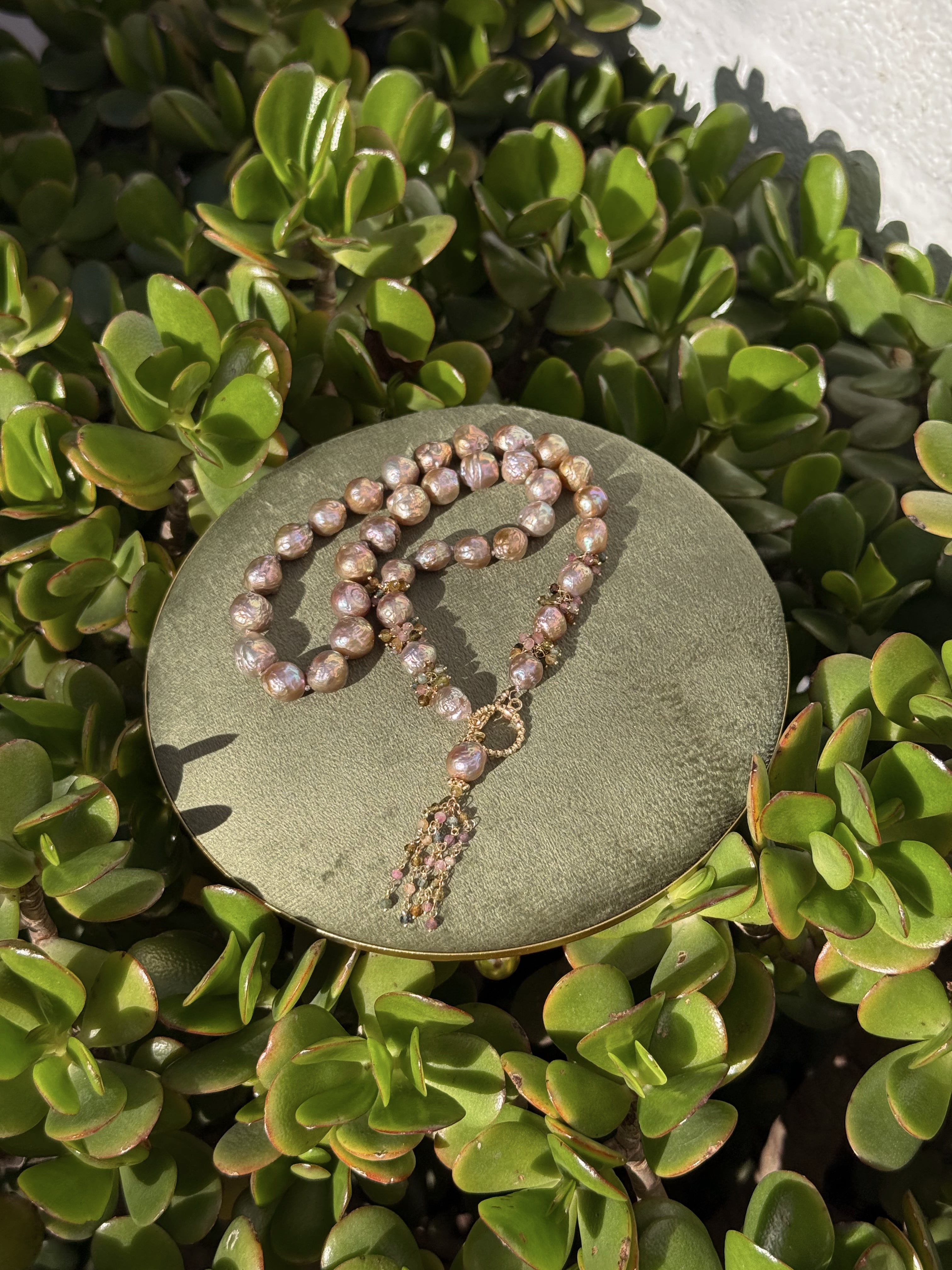 Lavender Blush Edison Baroque Pearl Necklace – Multicolored Tourmaline Tassel — 18"