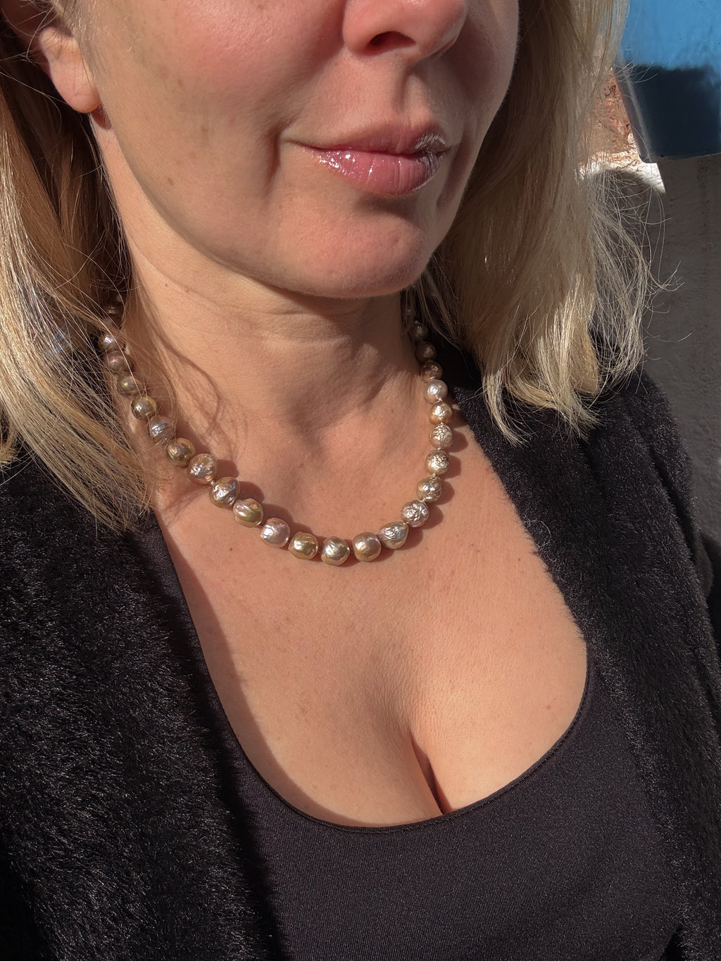 Lavender Blush Edison Baroque Pearl Necklace – Multicolored Tourmaline Tassel — 18"