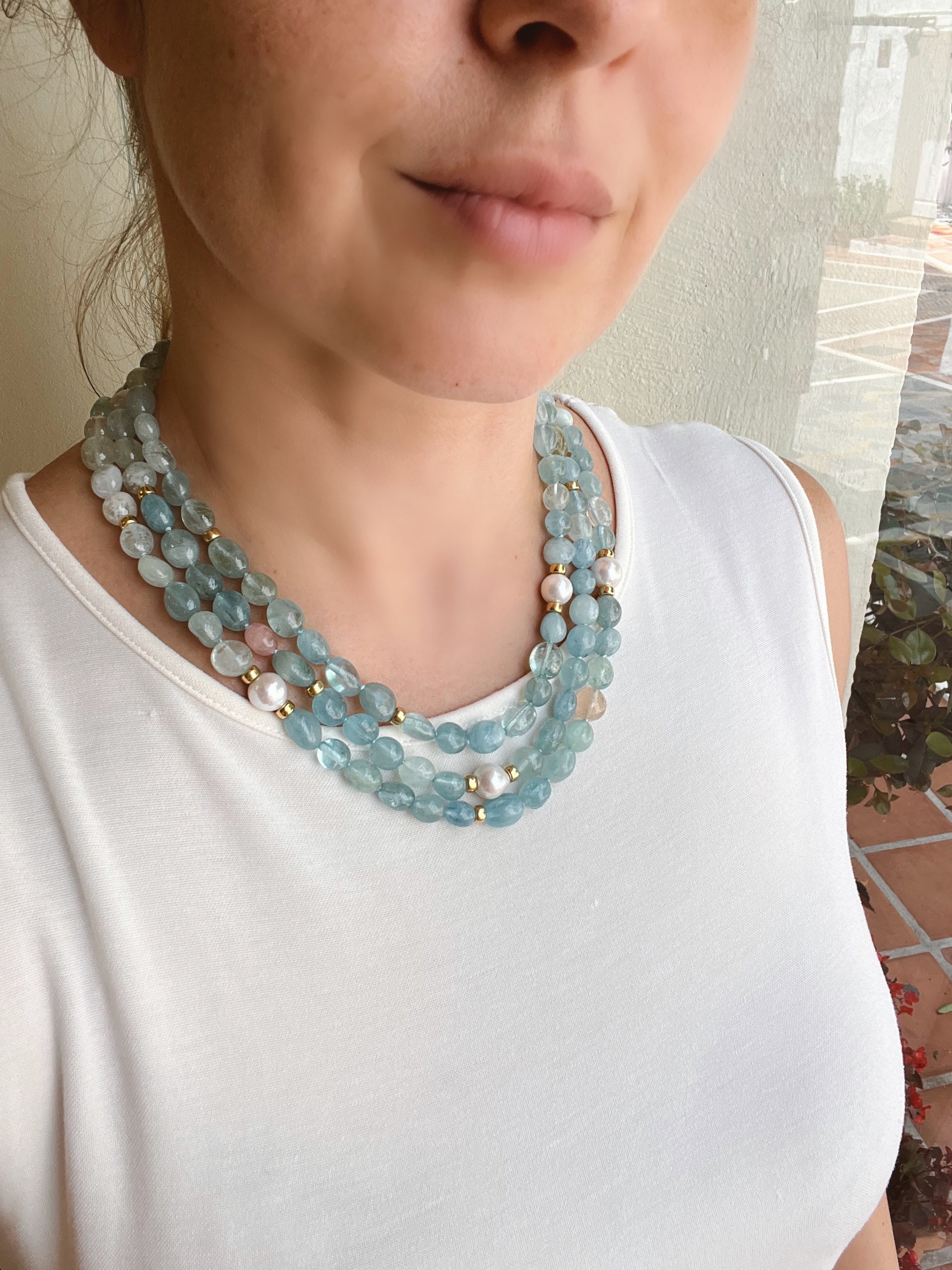 Three Layers Aquamarine Necklace
