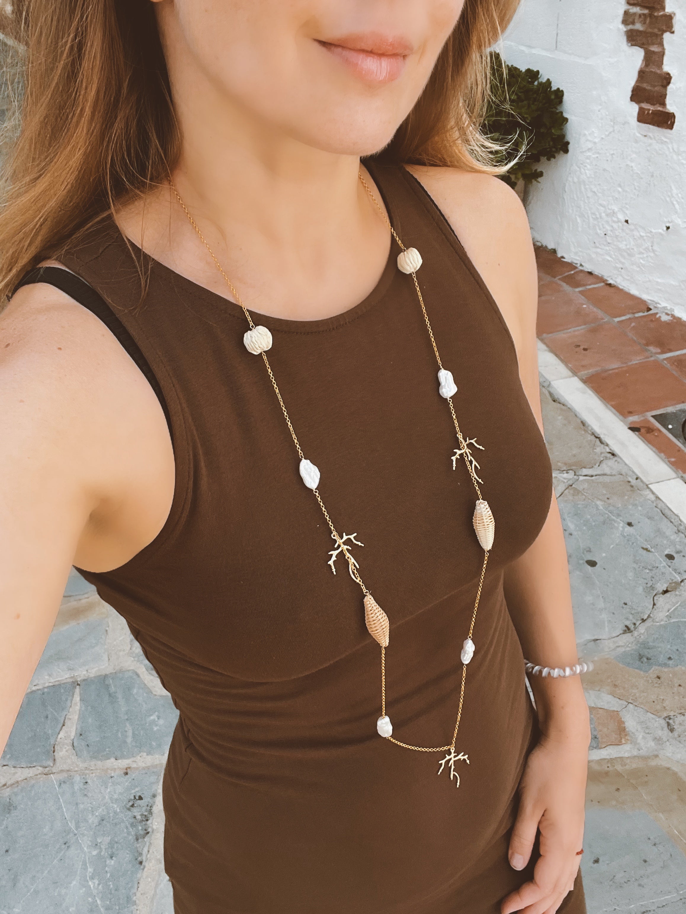 Long Chain With Keshi Pearls And Rafia Beads