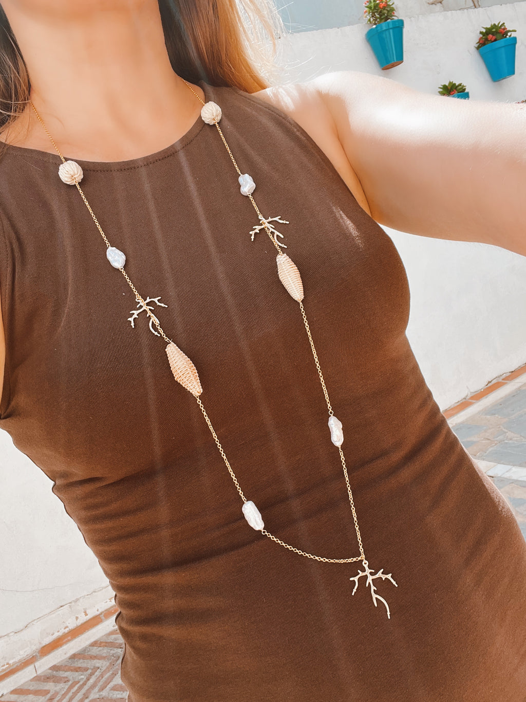 Long Chain With Keshi Pearls And Rafia Beads