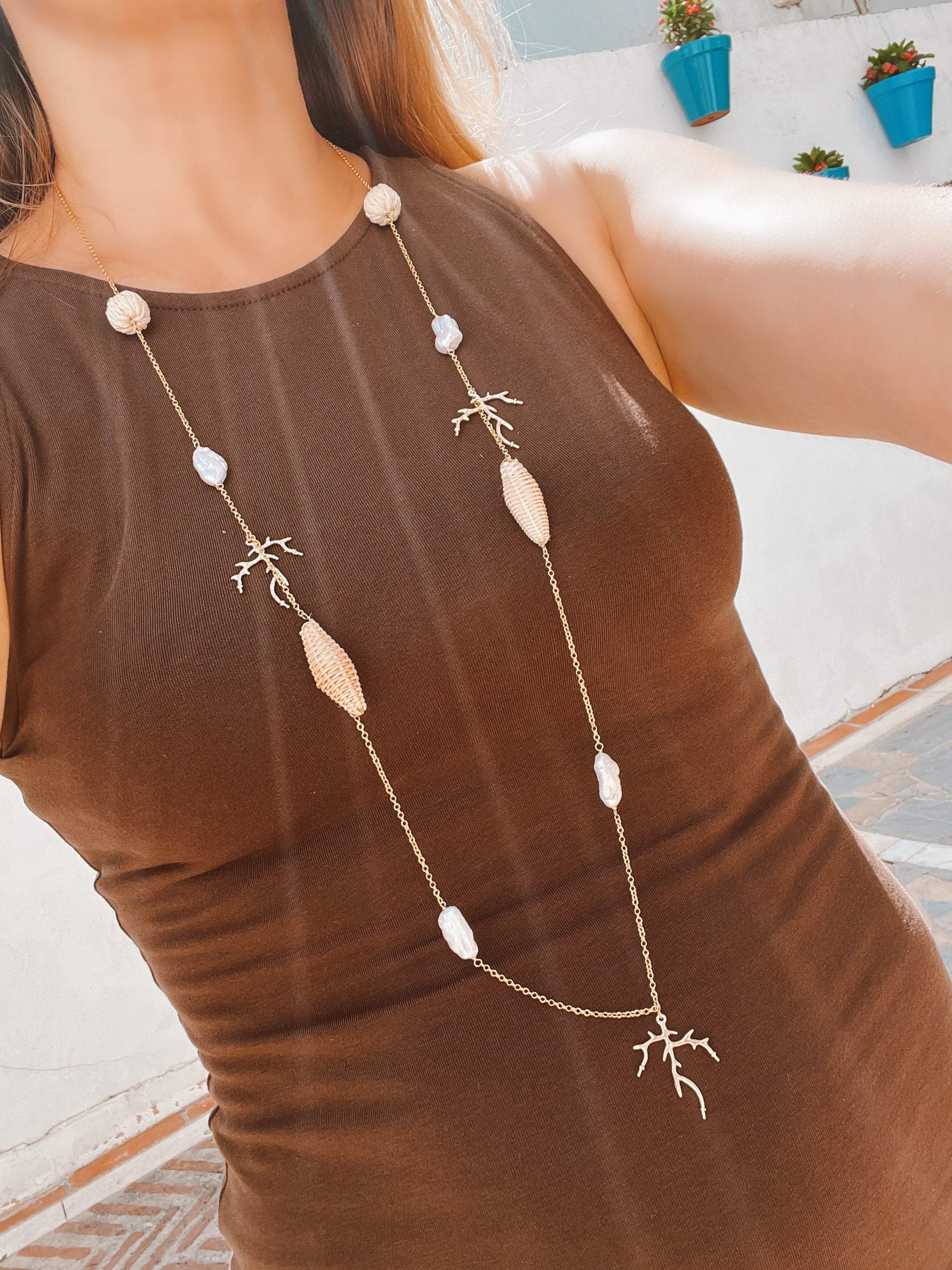 Long Chain With Keshi Pearls And Rafia Beads