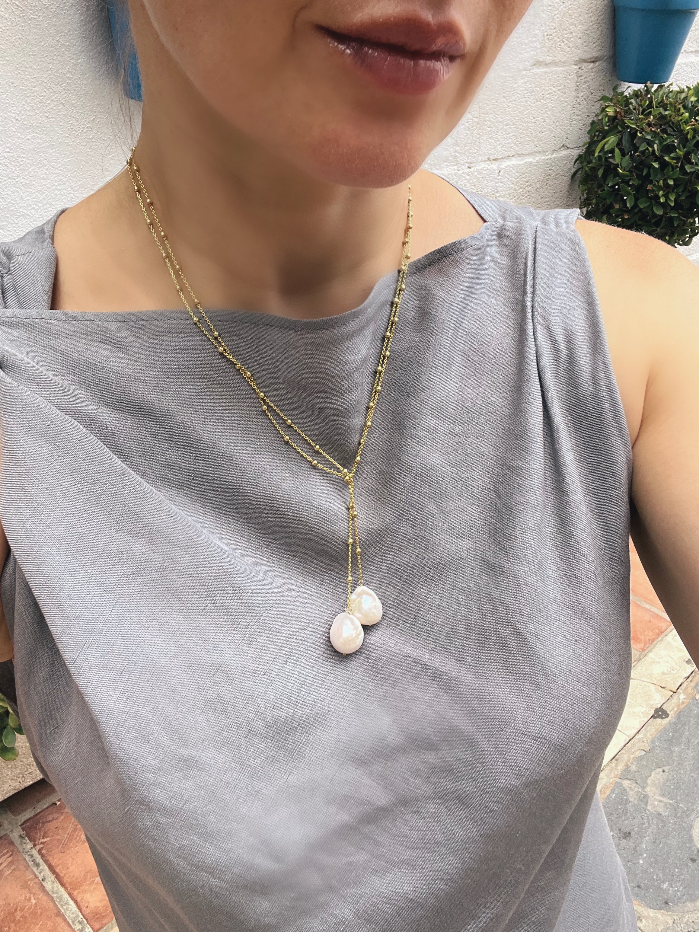 Lariat Necklace With Two Baroque Pearls