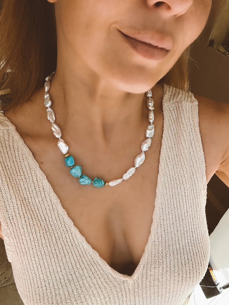 Keshi Pearl And Arizona Turquoise Necklace Aurelie Beaded