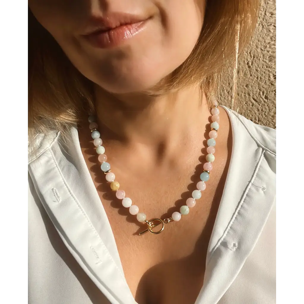 Morganite and aquamarine beaded necklace with toggle closure