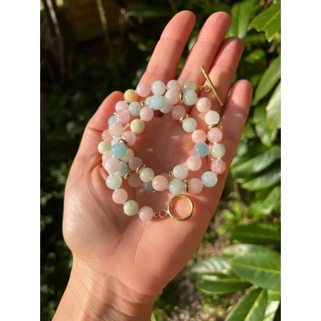 Morganite and aquamarine beaded necklace with toggle closure