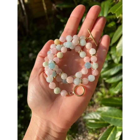 Morganite and aquamarine beaded necklace with toggle closure