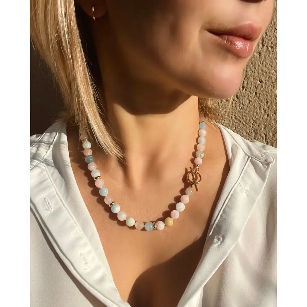 Morganite and aquamarine beaded necklace with toggle closure
