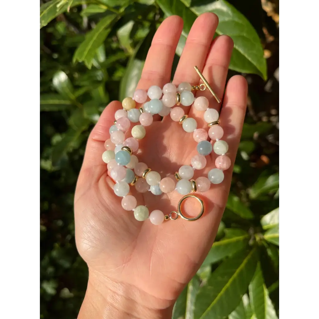 Morganite and aquamarine beaded necklace with toggle closure