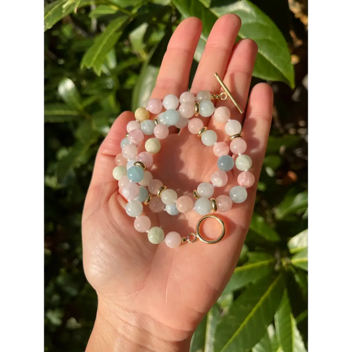 Morganite and aquamarine beaded necklace with toggle closure
