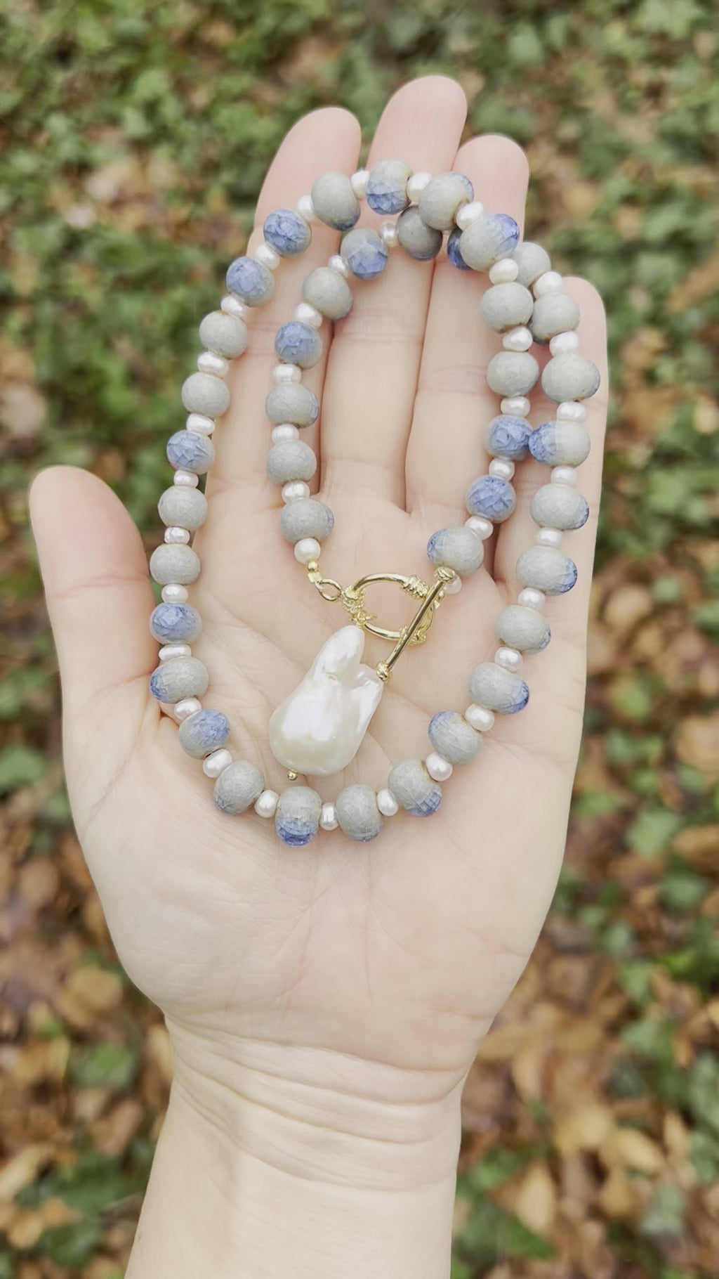 Blue ceramic necklace with baroque pearl pendant