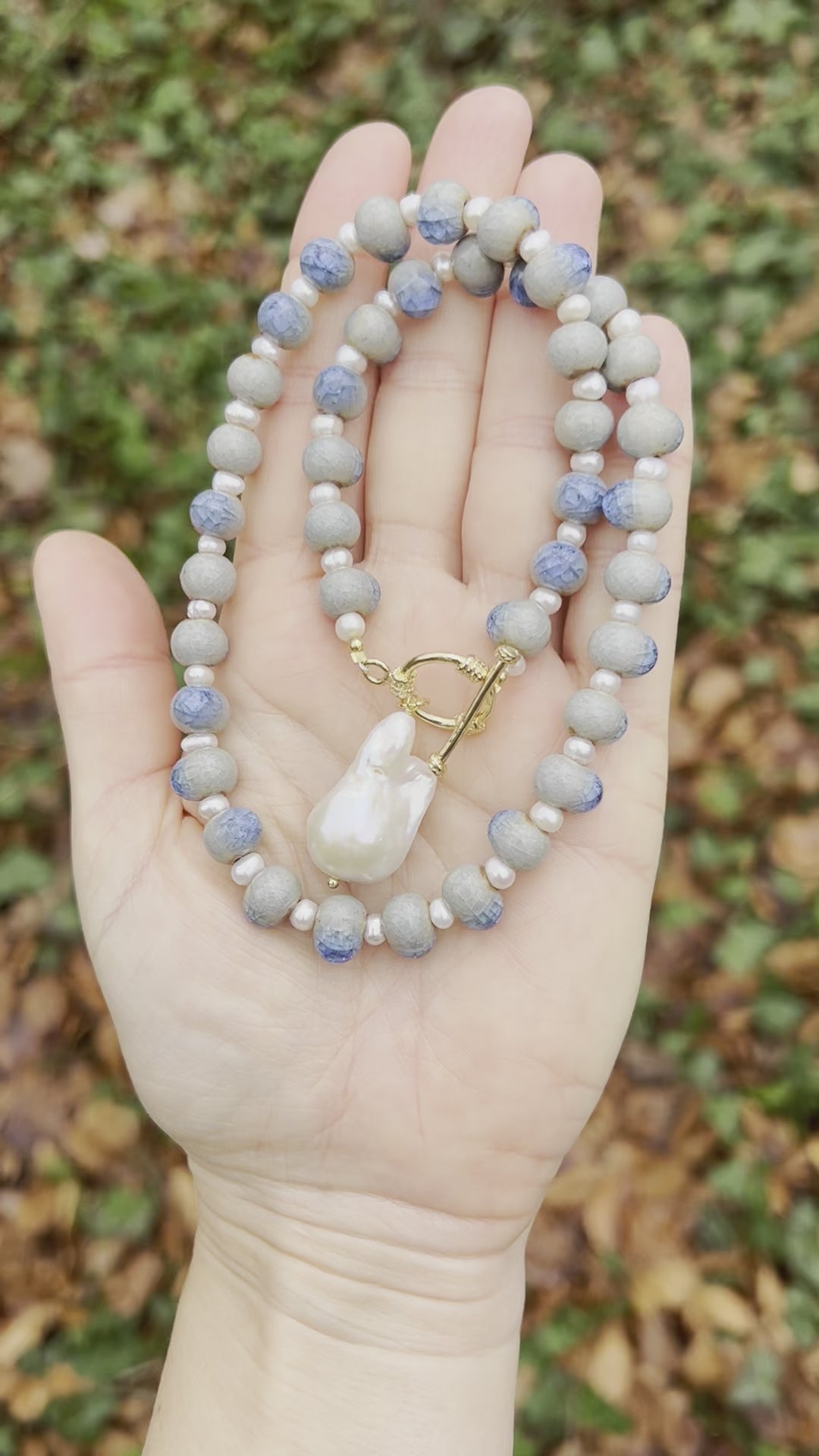 Blue ceramic necklace with baroque pearl pendant