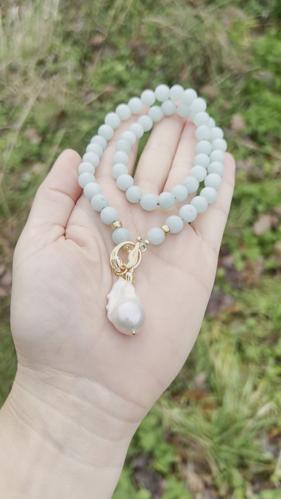 Large Amazonite beads and white baroque pearl necklace