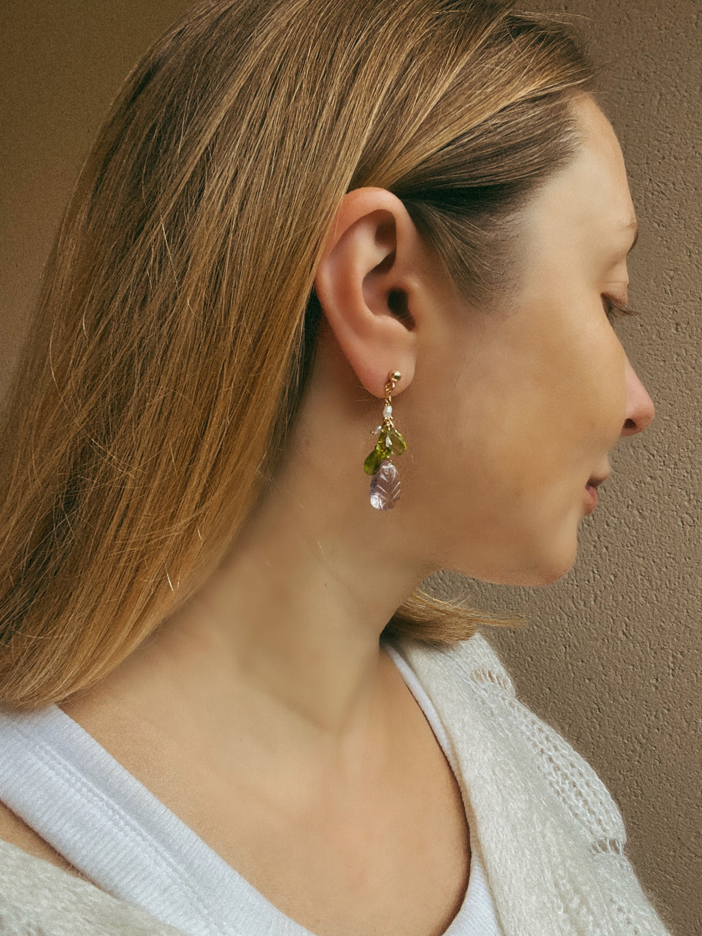 Carved Amethyst and Peridot Earrings "Flora"