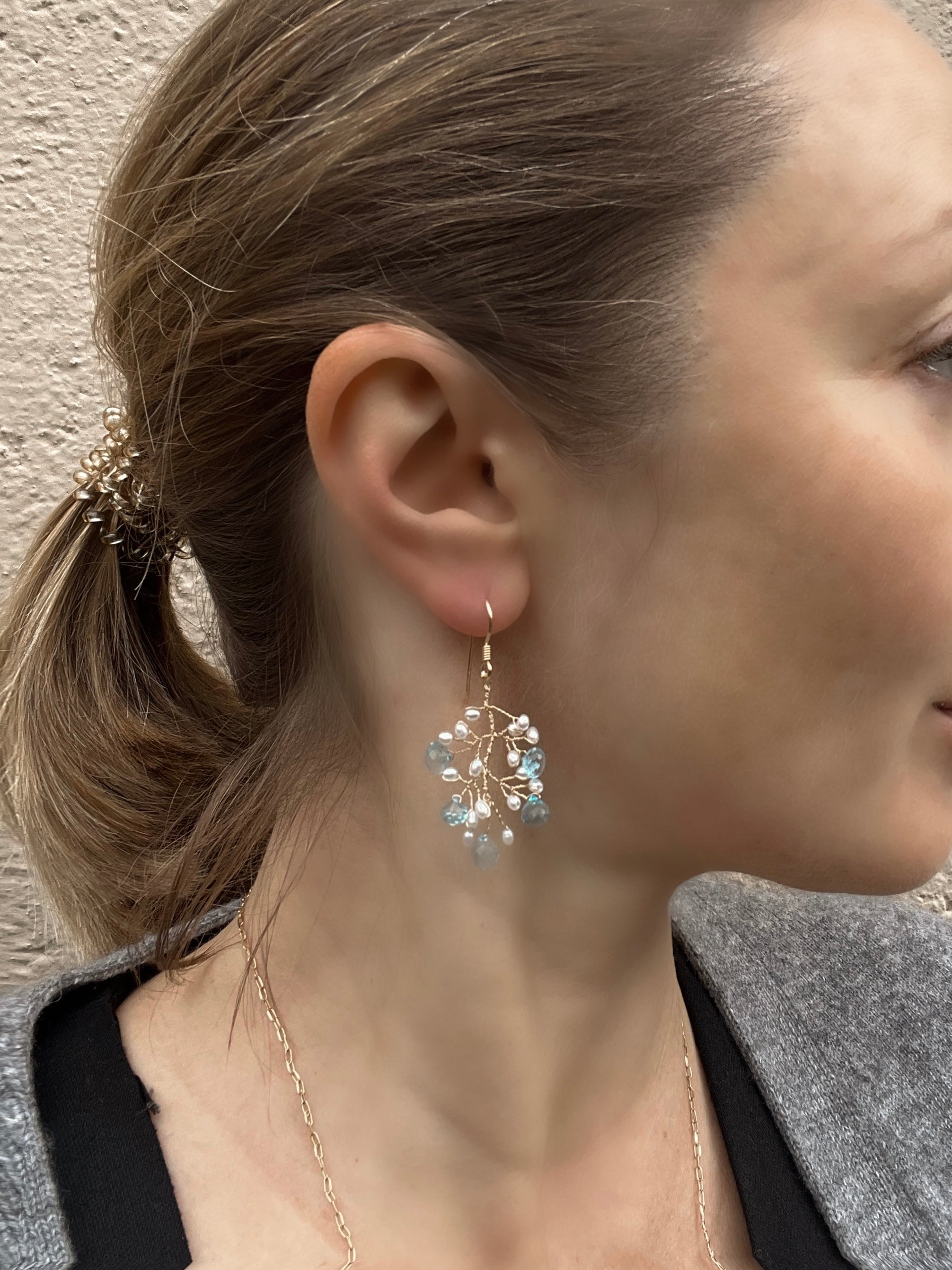 Topaz and pearls branch earrings