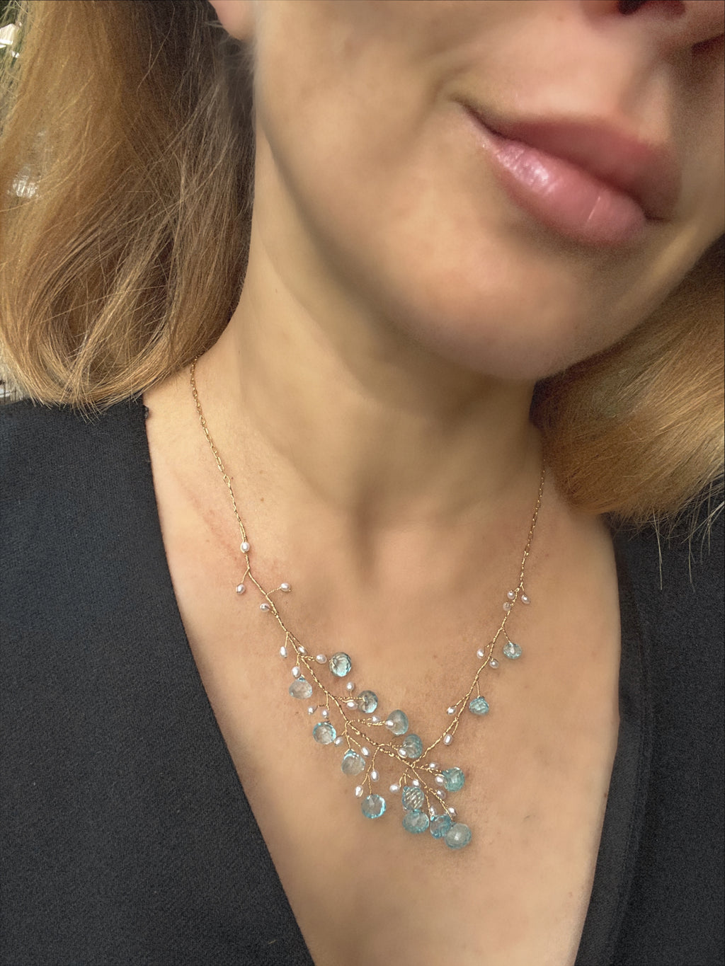 Topaz and pearl branch necklace
