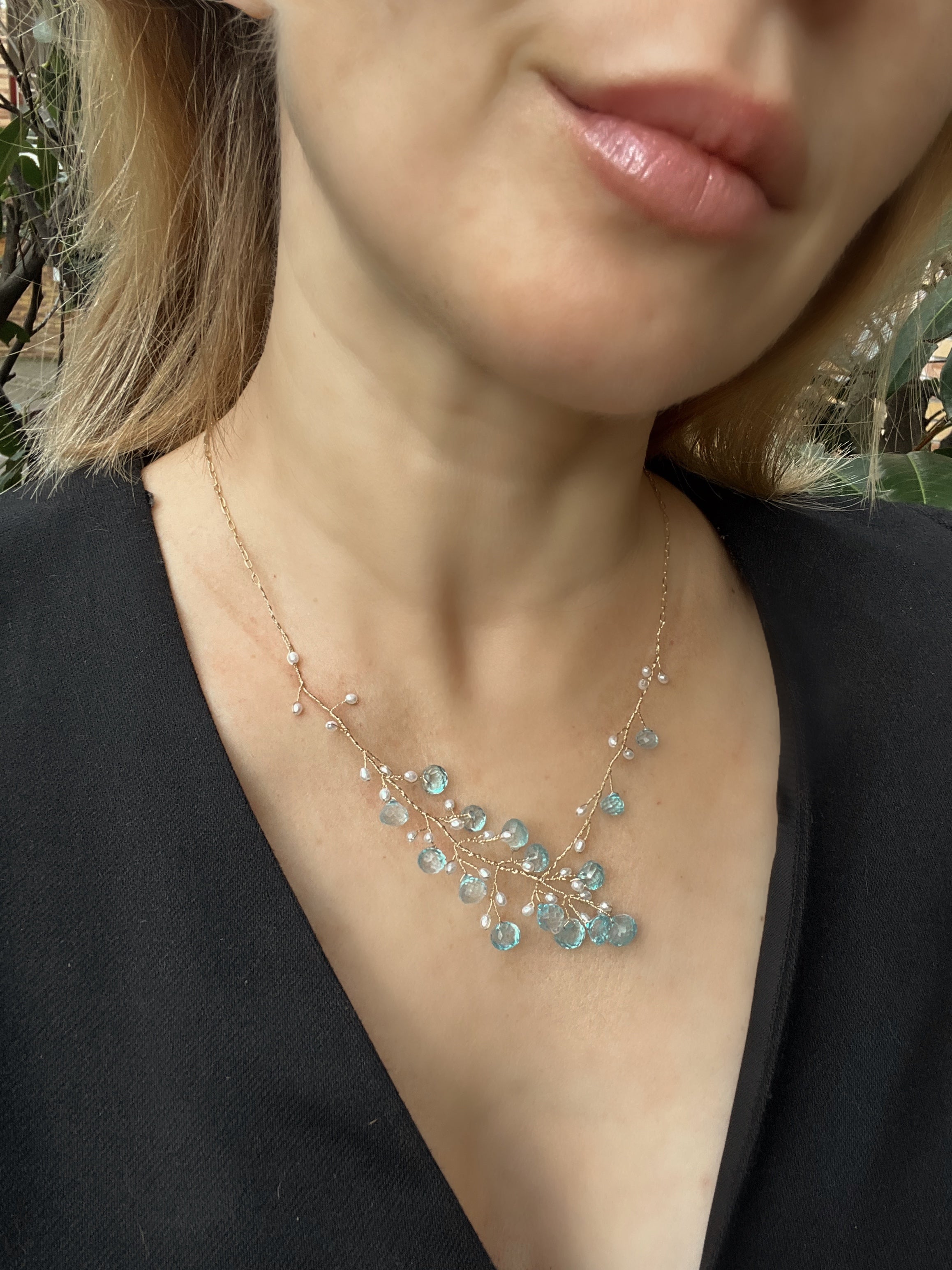 Topaz and pearl branch necklace