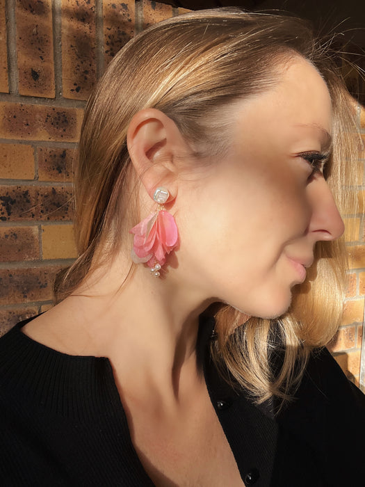 pink flower petal earrings