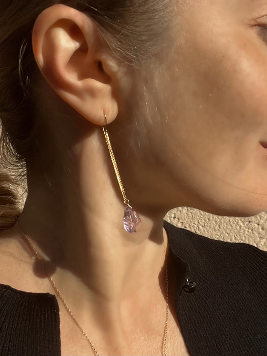 Pink Amethyst Carved Leaf Threader Earrings