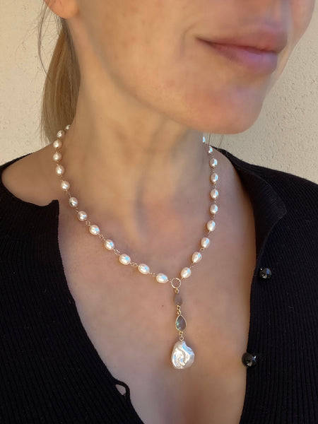 Pearl and Labradorite Lariat Necklace Beaded Necklaces