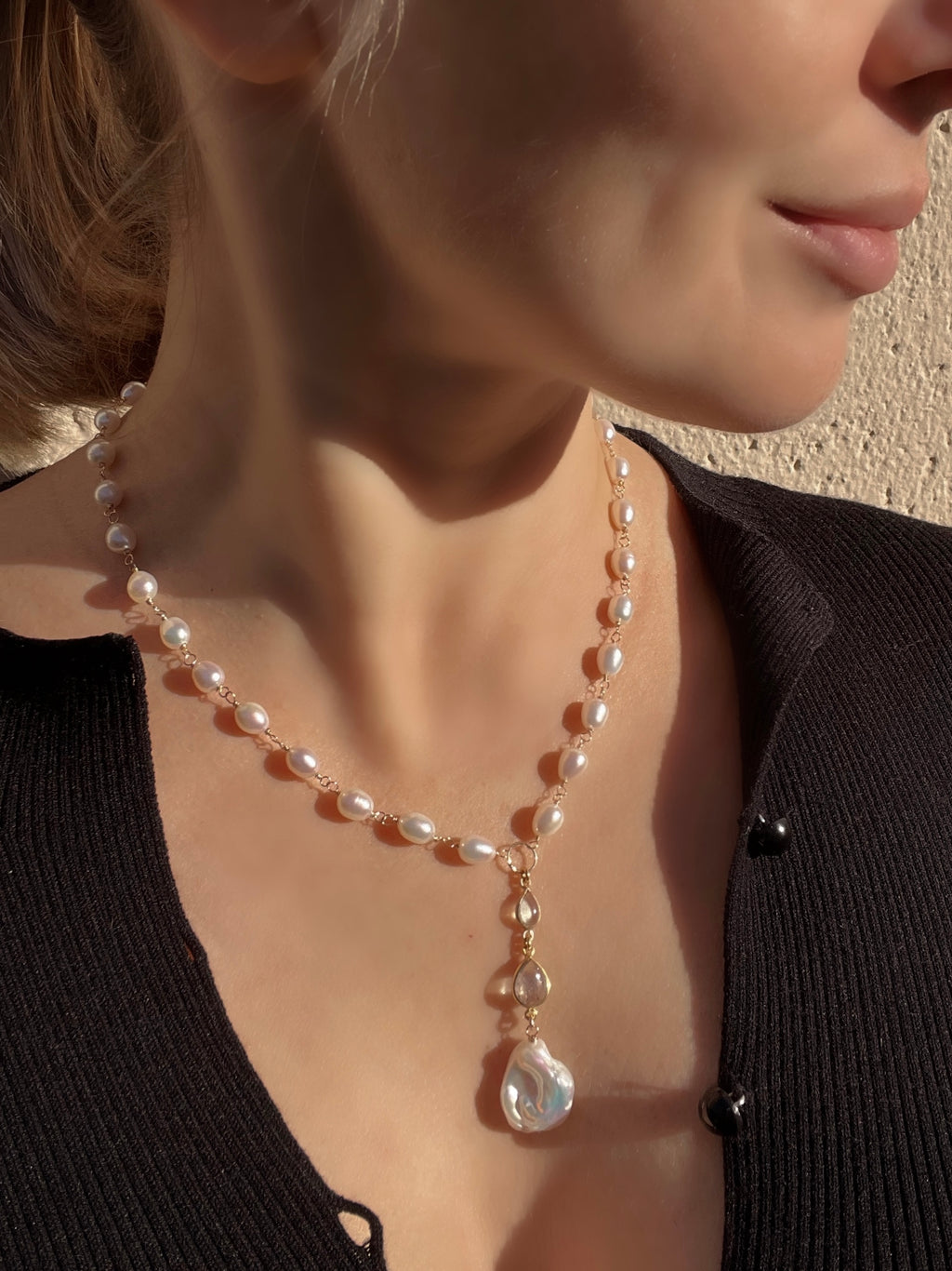 Pearl and Labradorite Lariat Necklace Beaded Necklaces