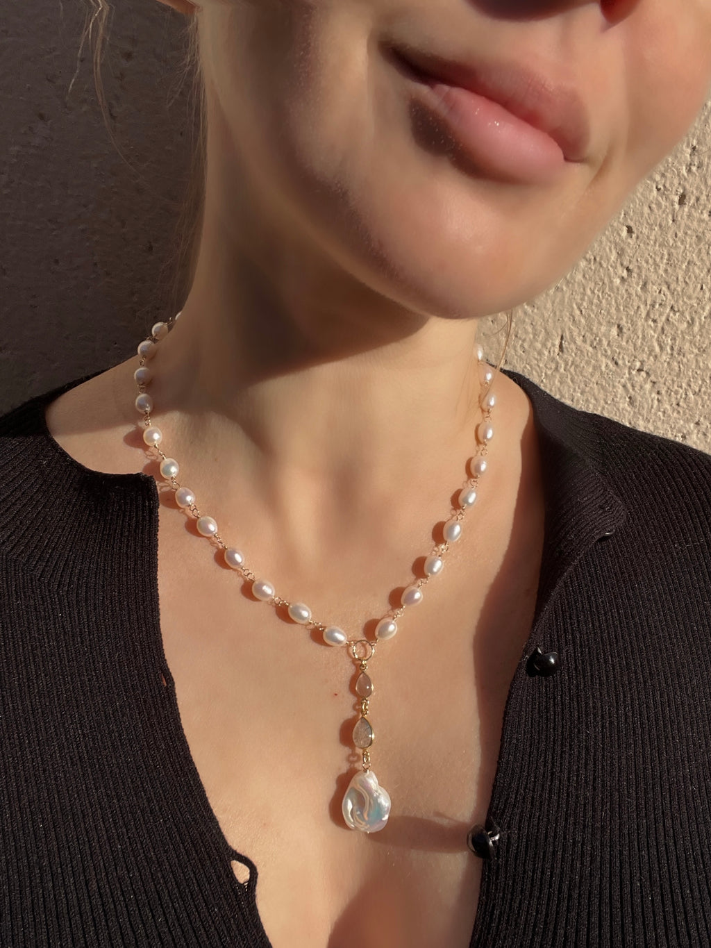 Pearl and Labradorite Lariat Necklace Beaded Necklaces