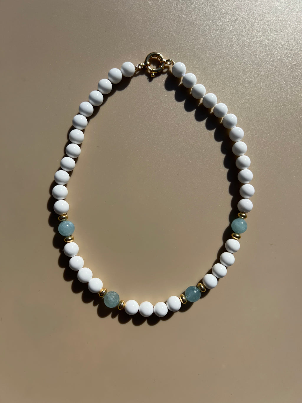 White Clam Shell Beads And Aquamarine Necklace "La Costa"