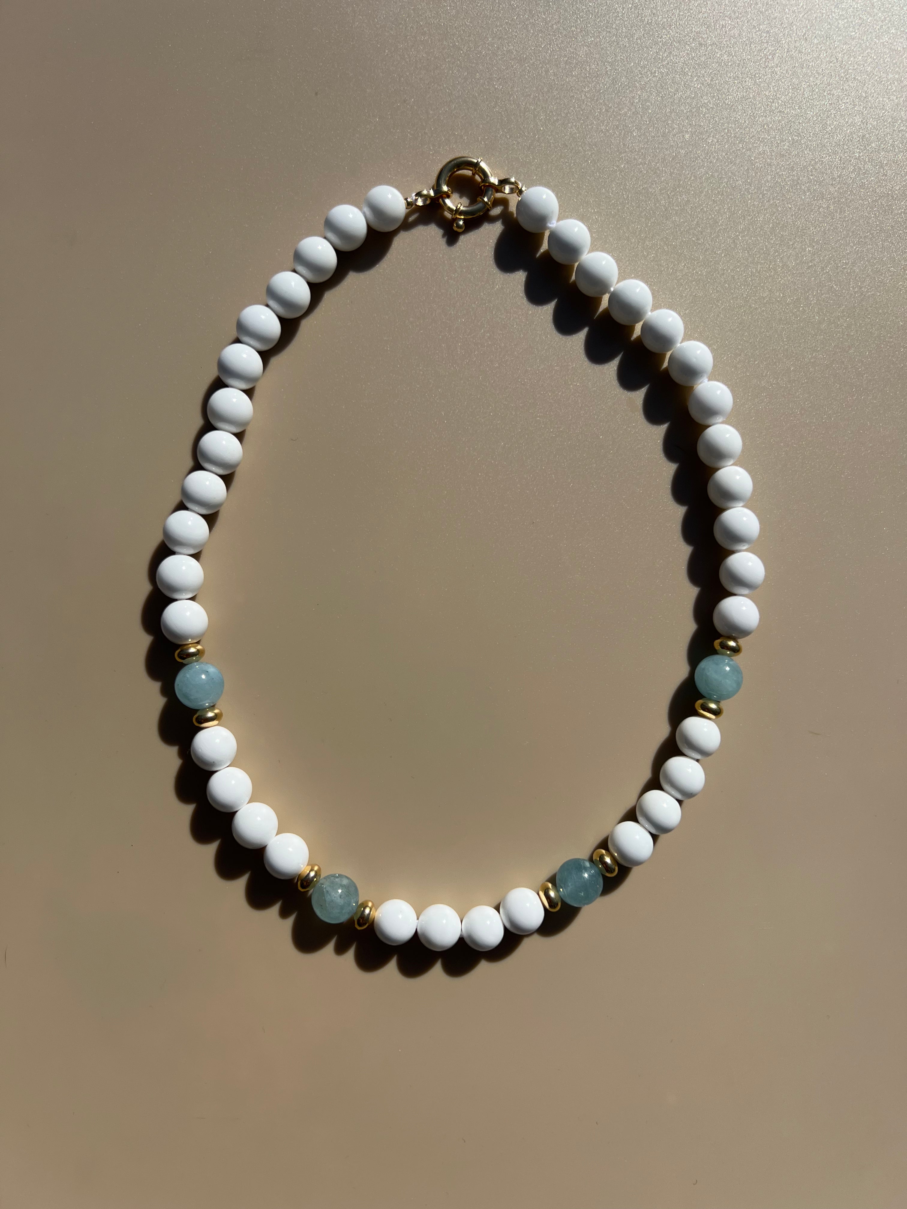 White Clam Shell Beads And Aquamarine Necklace "La Costa"