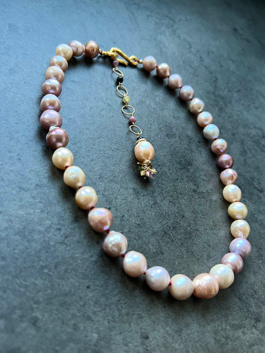 Purple Edison Pearl Necklace With Gold Vermeil Hook Clasp and Tourmalines