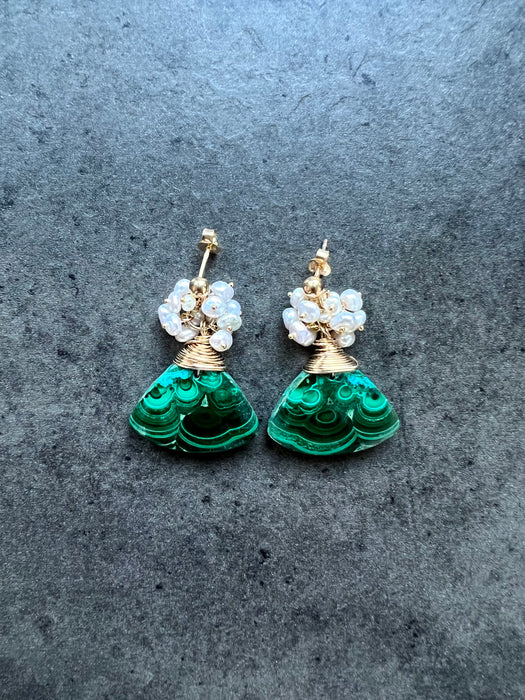 Malachite and pearl cluster earrings