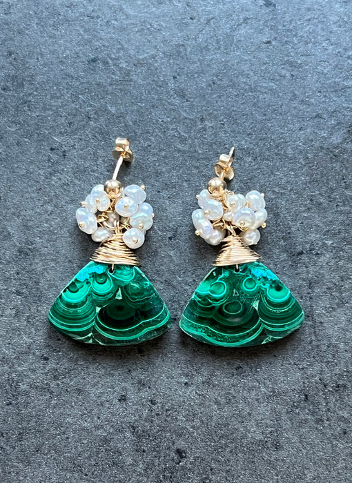 Malachite and pearl cluster earrings