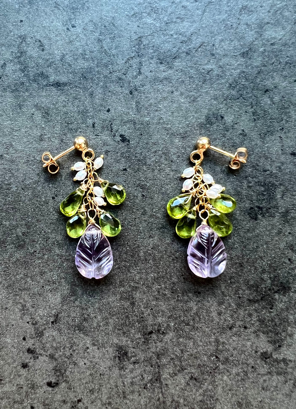 Carved Amethyst and Peridot Earrings "Flora"