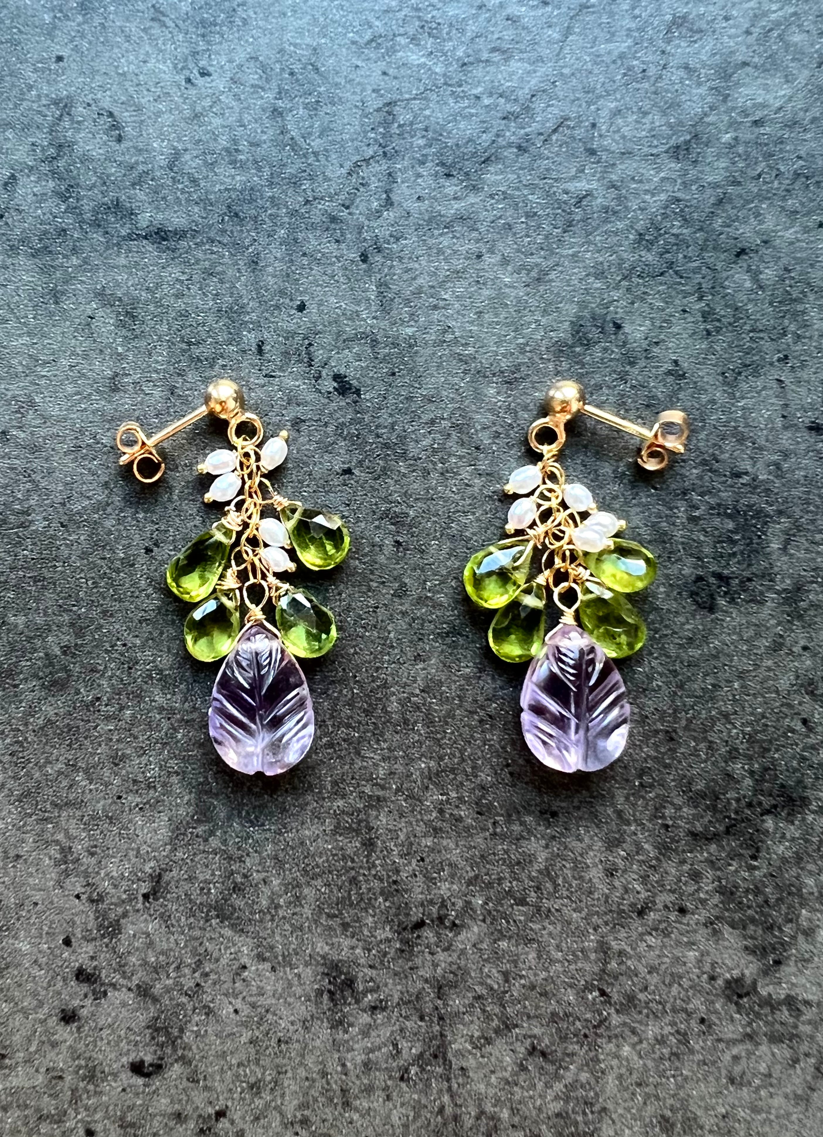 Carved Amethyst and Peridot Earrings "Flora"