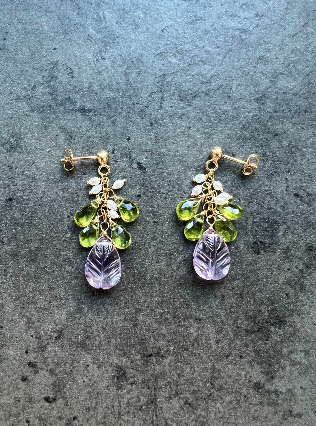 Carved Amethyst and Peridot Earrings "Flora"