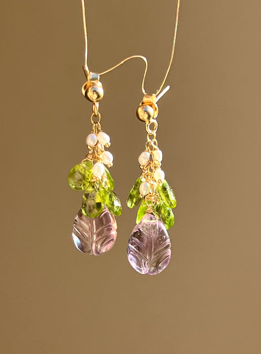 Carved Amethyst and Peridot Earrings "Flora"