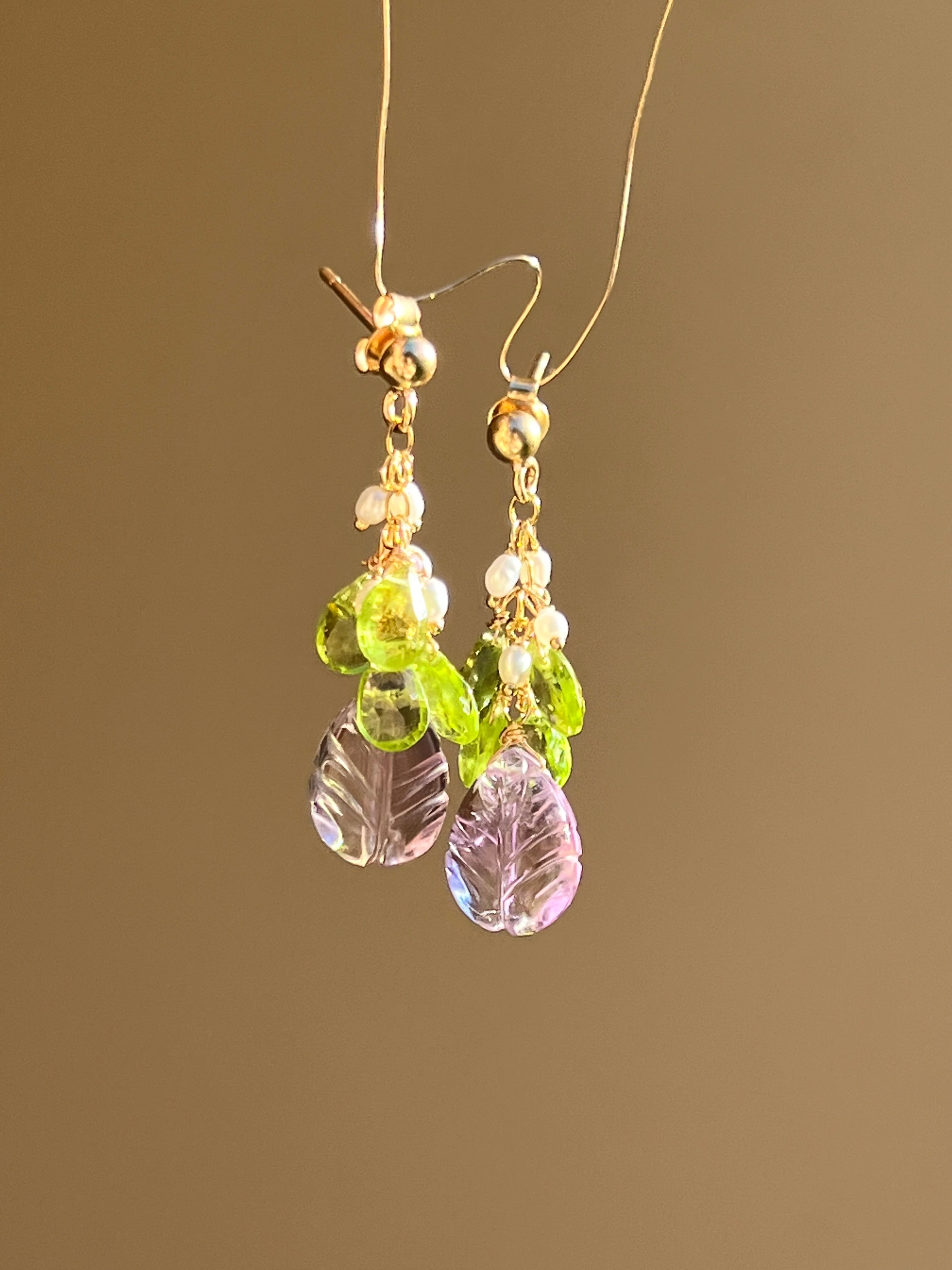 Carved Amethyst and Peridot Earrings "Flora"