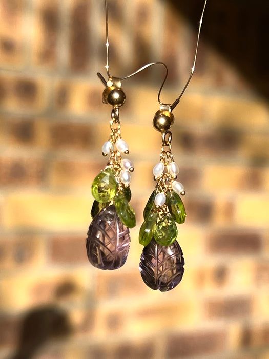 Carved Amethyst and Peridot Earrings "Flora"
