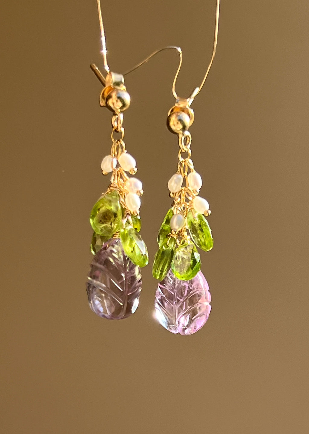 Carved Amethyst and Peridot Earrings "Flora"