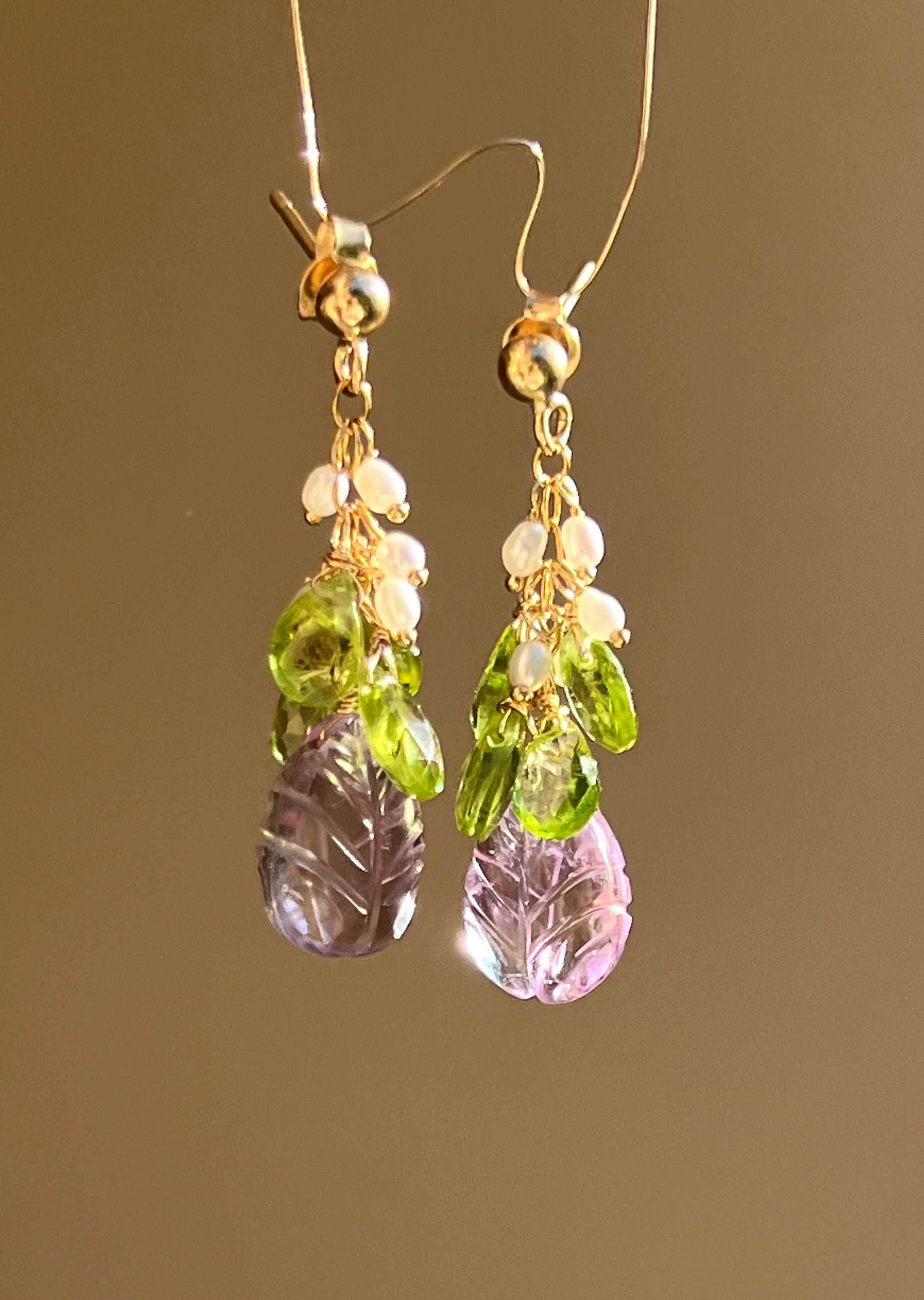Carved Amethyst and Peridot Earrings "Flora"