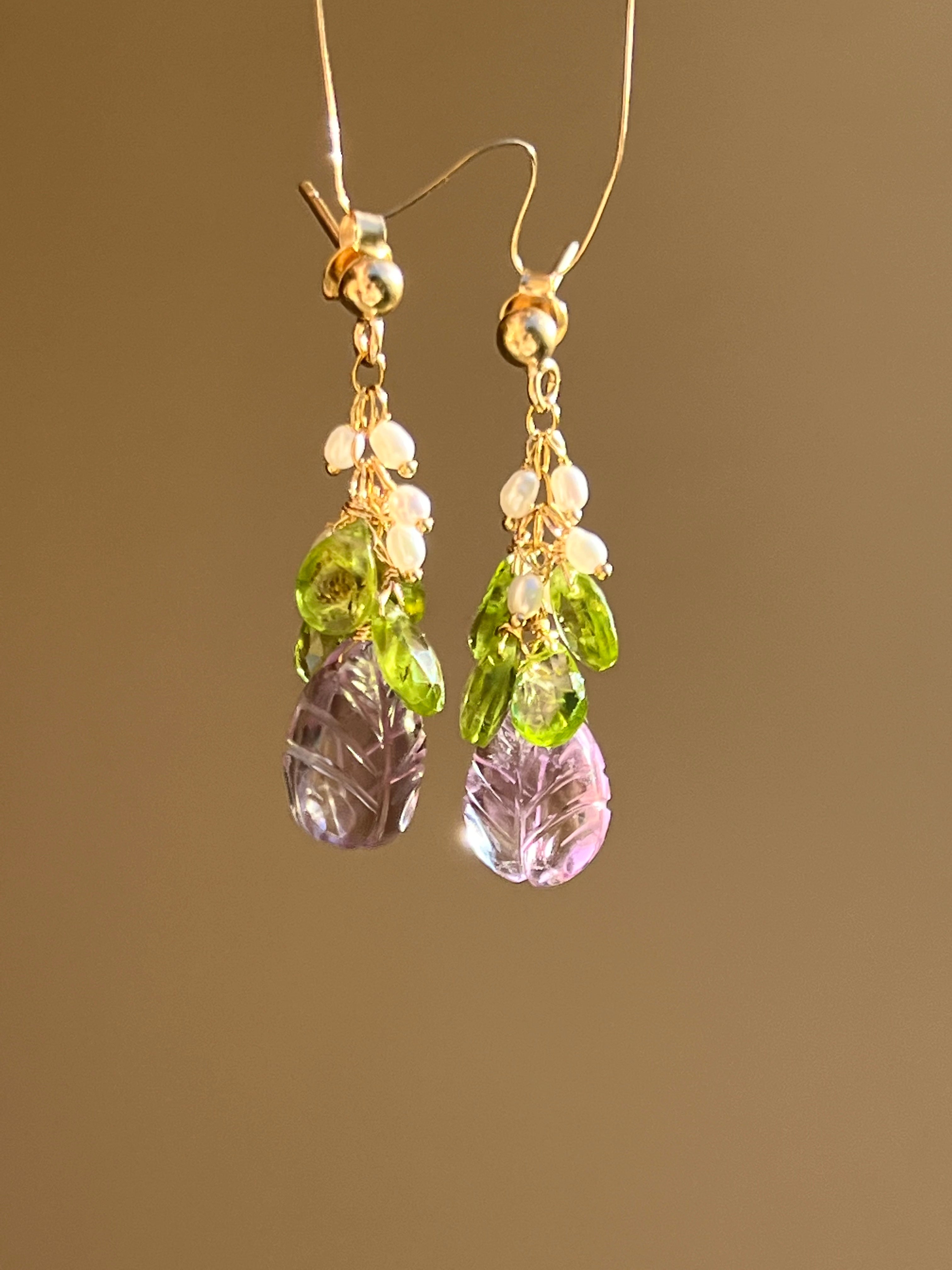 Carved Amethyst and Peridot Earrings "Flora"