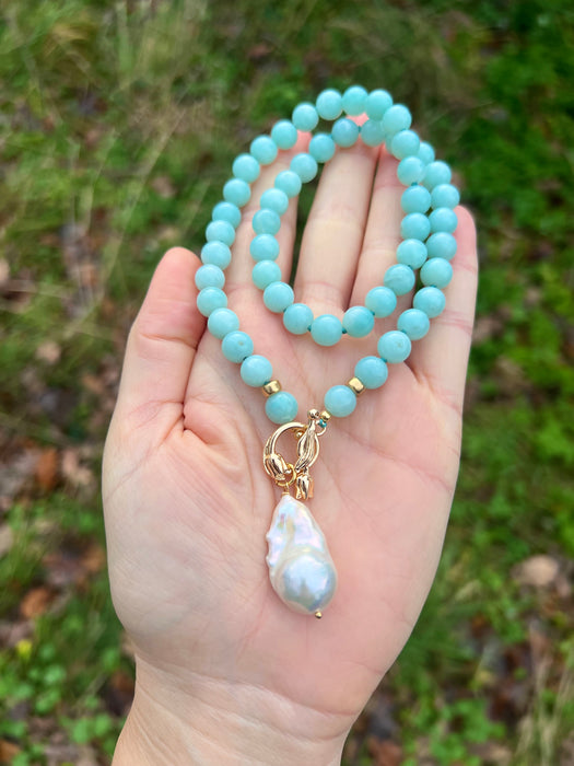 Large Amazonite beads and white baroque pearl necklace