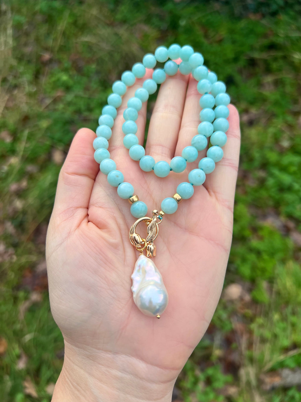 Large Amazonite beads and white baroque pearl necklace