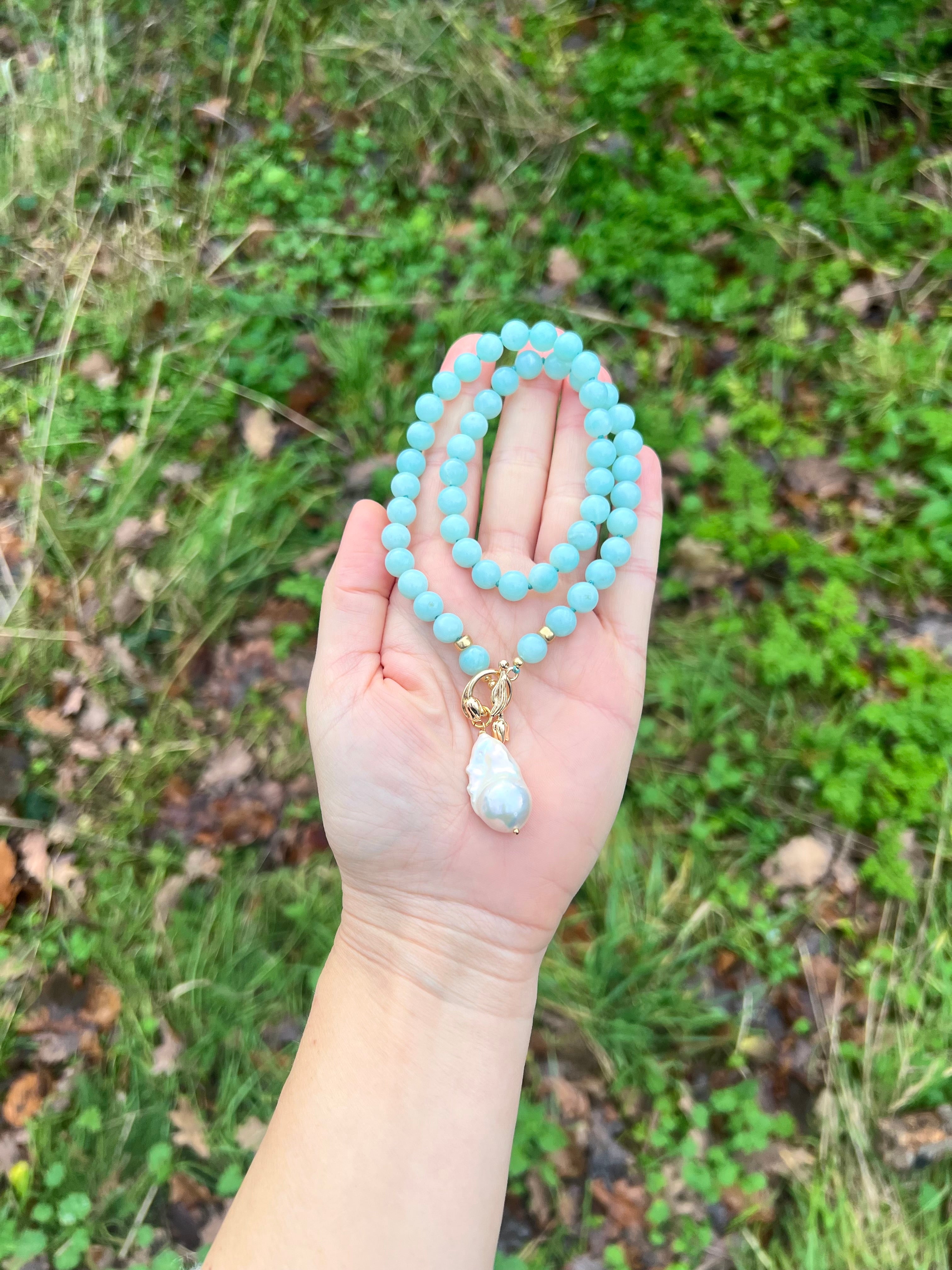 Large Amazonite beads and white baroque pearl necklace