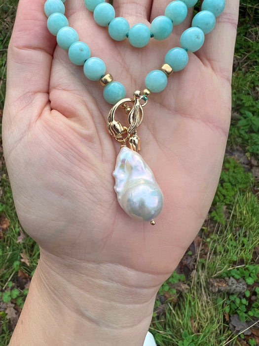 Large Amazonite beads and white baroque pearl necklace