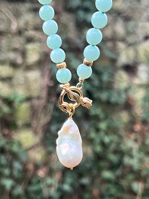 Large Amazonite beads and white baroque pearl necklace