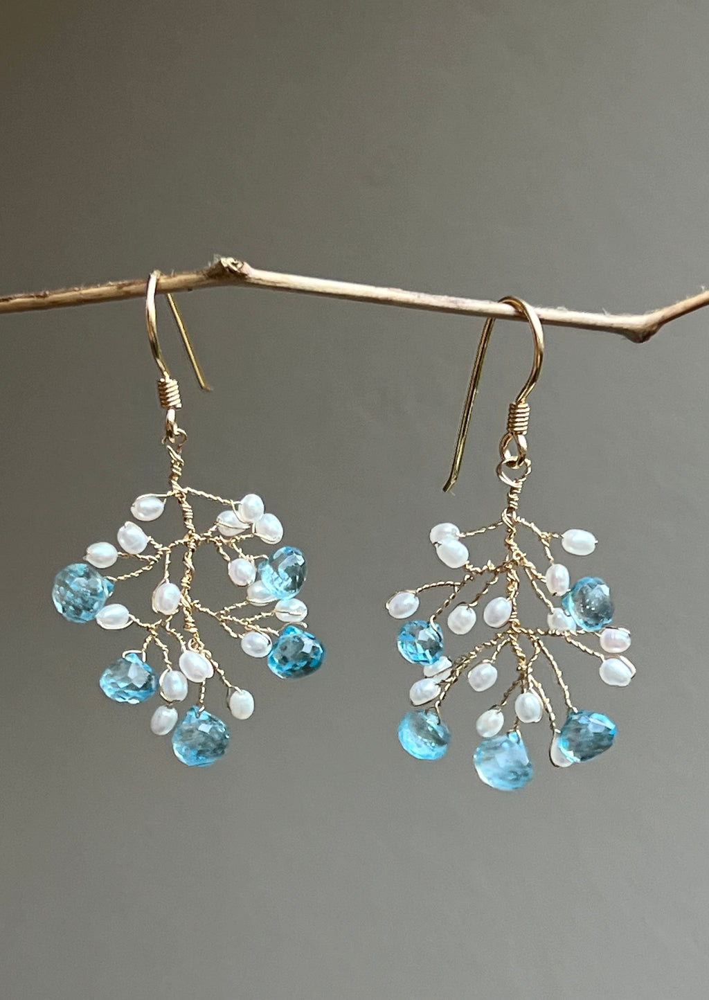 Topaz and pearls branch earrings