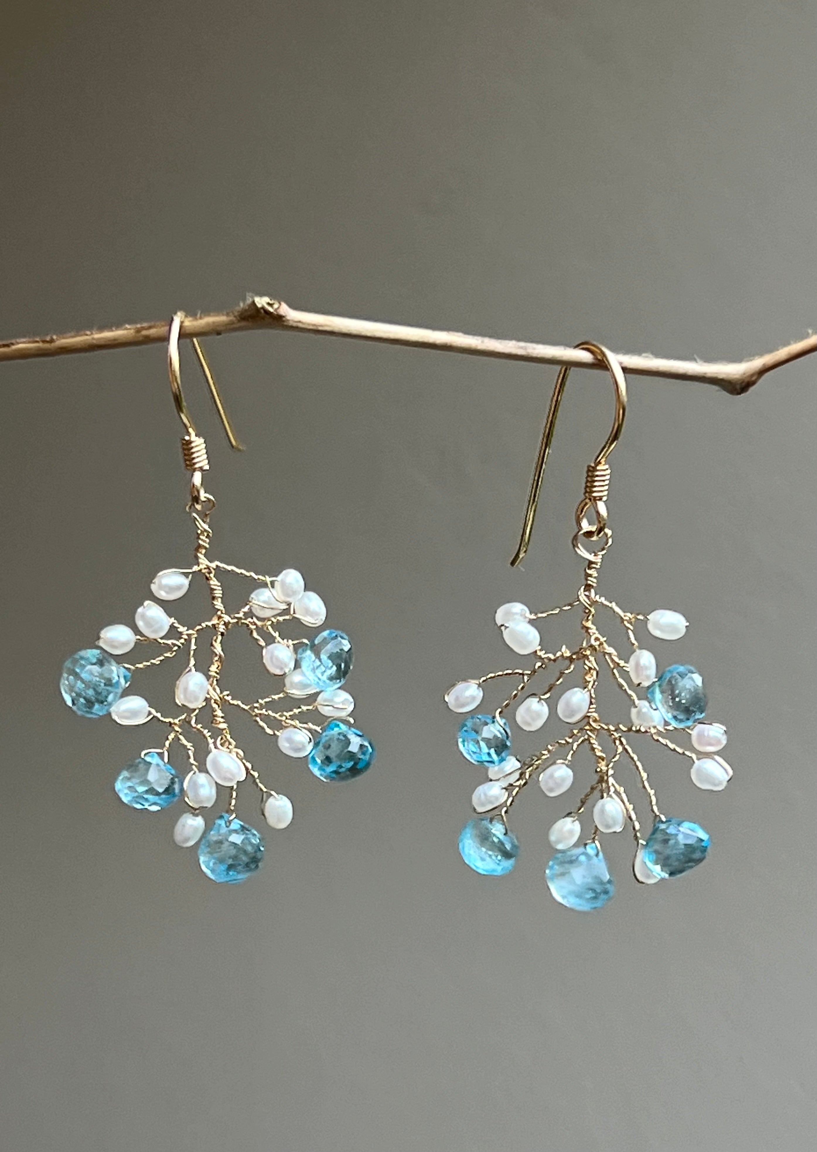 Topaz and pearls branch earrings